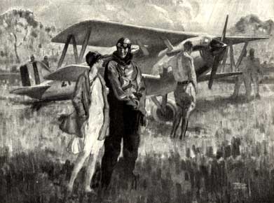 PILOT STANDING IN FRONT OF BIPLANE